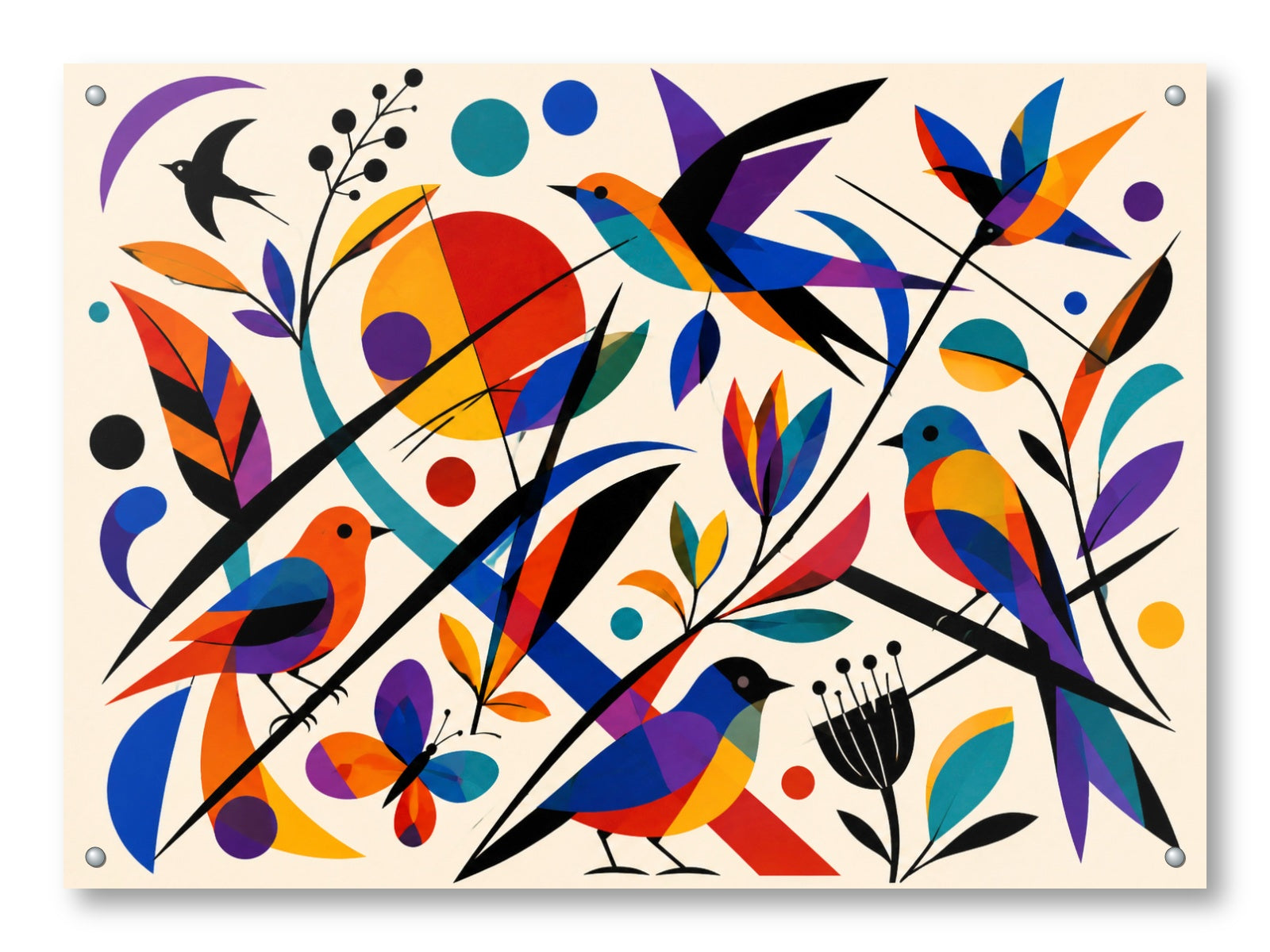 Geometric Bird Painting printed on aluminum metal with wall anchors.