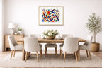 Geometric Bird Painting printed on fine art paper, framed on a oak frame and matted. Hung on a dining room wall.