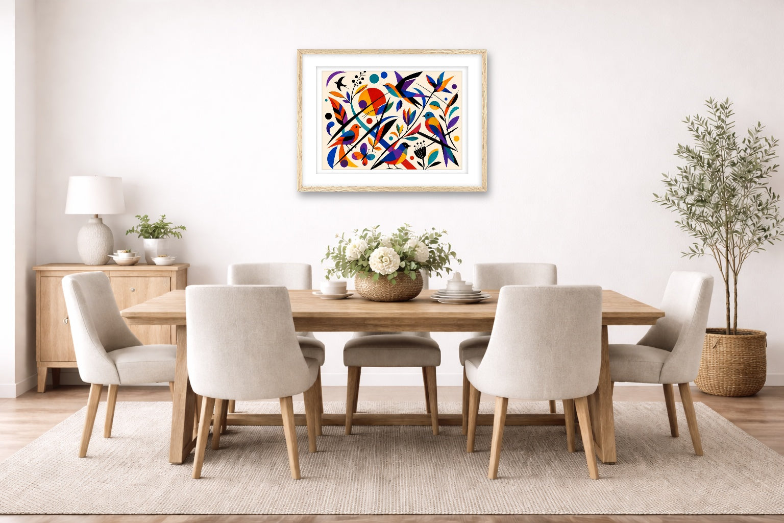 Geometric Bird Painting printed on fine art paper, framed on a oak frame and matted. Hung on a dining room wall.