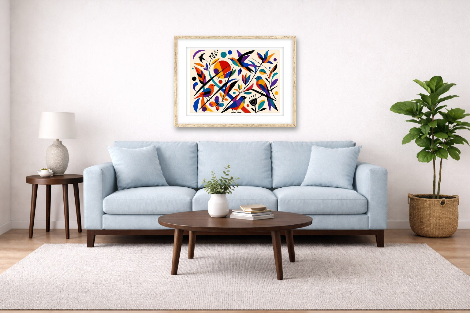 Geometric Bird Painting printed on fine art paper, framed on a oak frame and matted. Hung on a living room wall.
