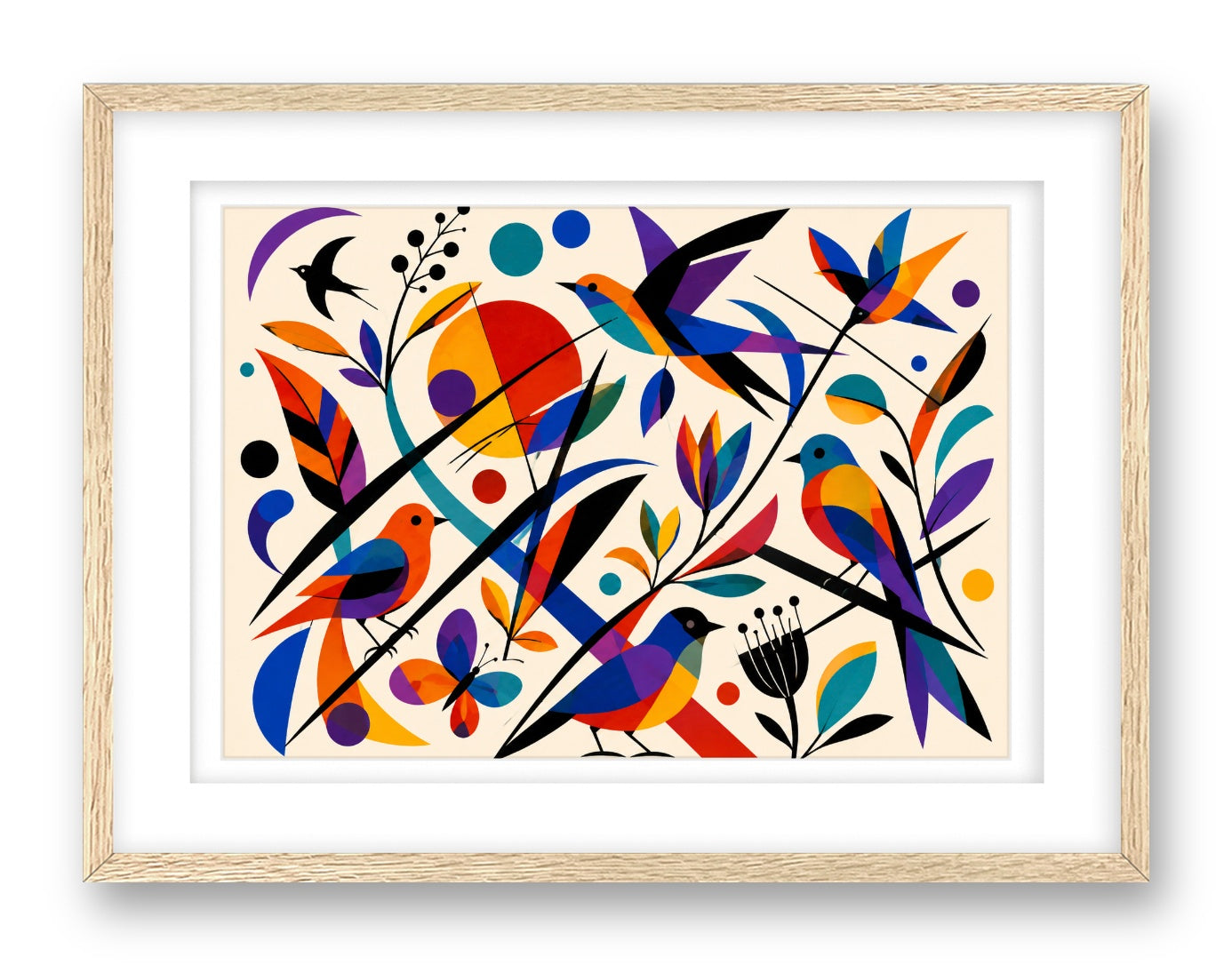 Geometric Bird Painting printed on fine art paper, framed on a oak frame and matted.