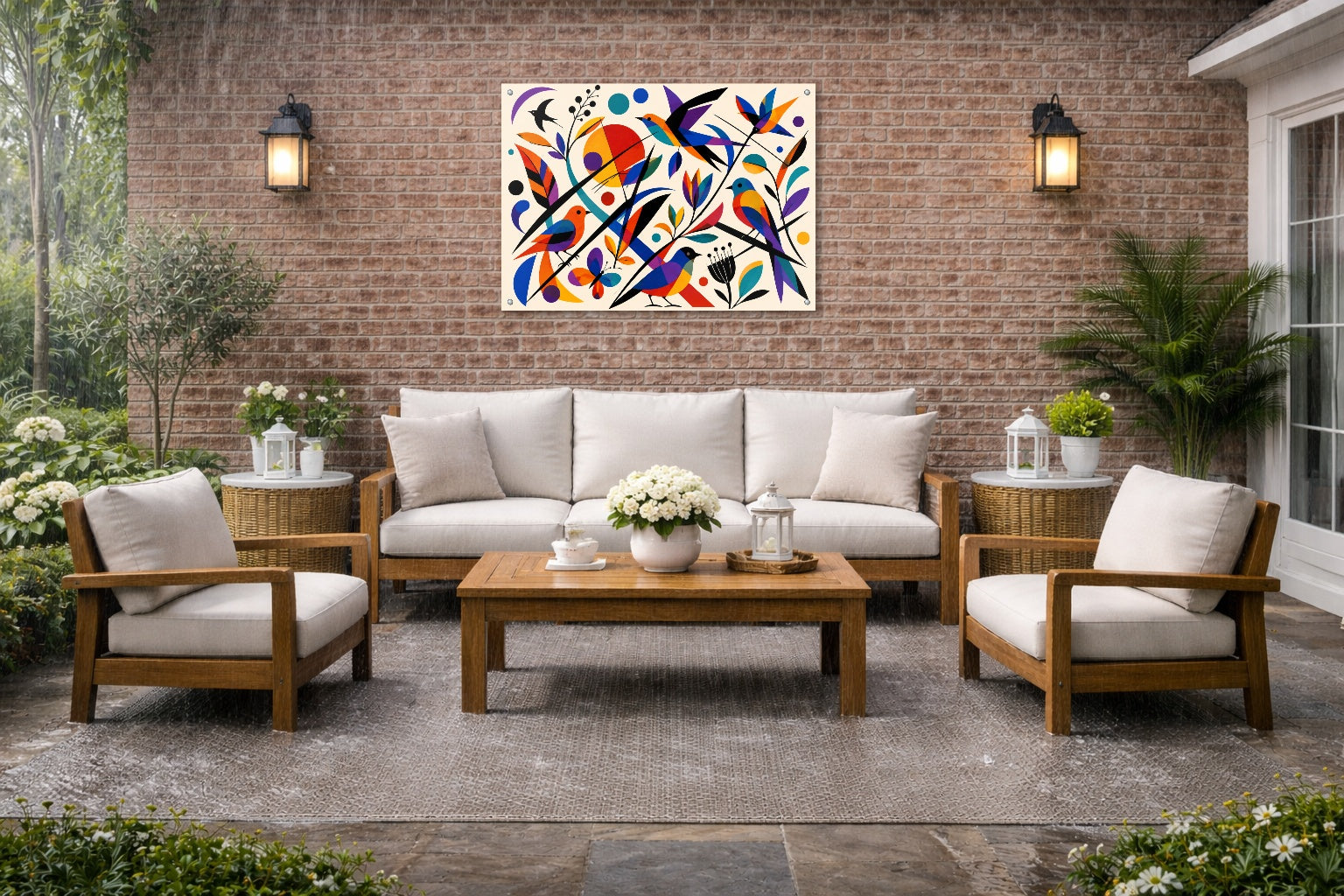 Geometric Bird Painting printed on water resistant canvas and mounted on a waterproof frame. Hung on a patio wall.