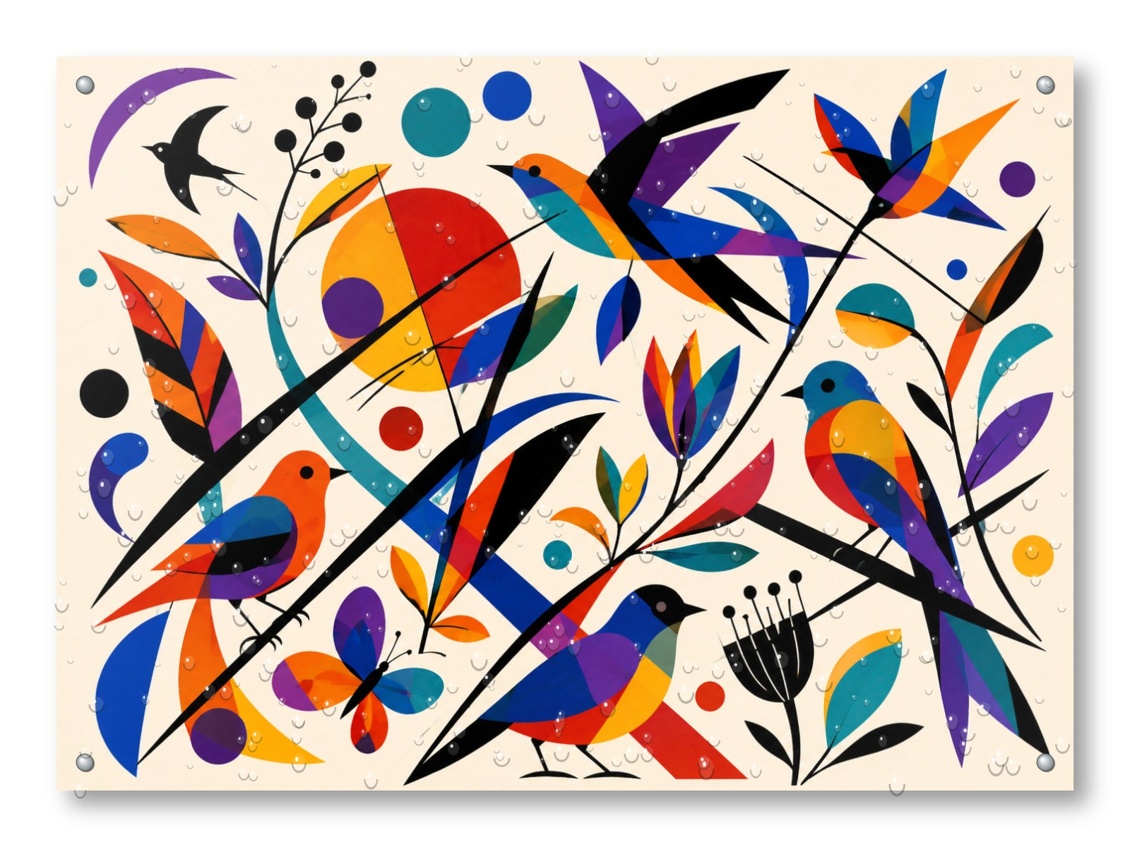 Geometric Bird Painting printed on water resistant canvas and mounted on a waterproof frame.