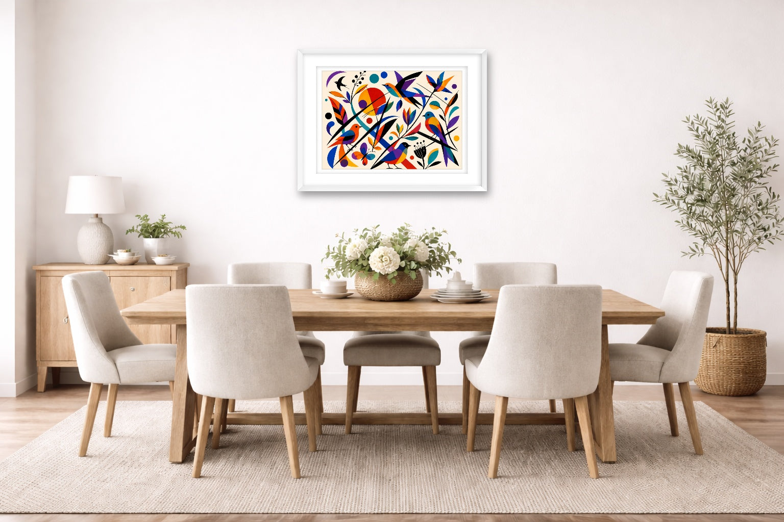 Geometric Bird Painting printed on fine art paper, framed on a white frame and matted. Hung on a dining room wall.