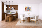 Geometric Bird Painting printed on fine art paper, framed on a white frame and matted. Hung on a kitchen-dinette wall.