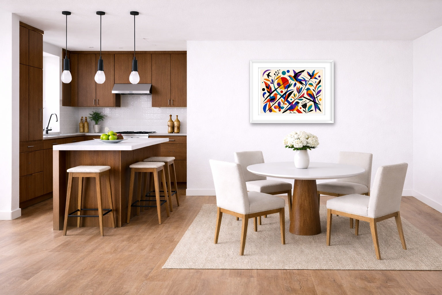 Geometric Bird Painting printed on fine art paper, framed on a white frame and matted. Hung on a kitchen-dinette wall.