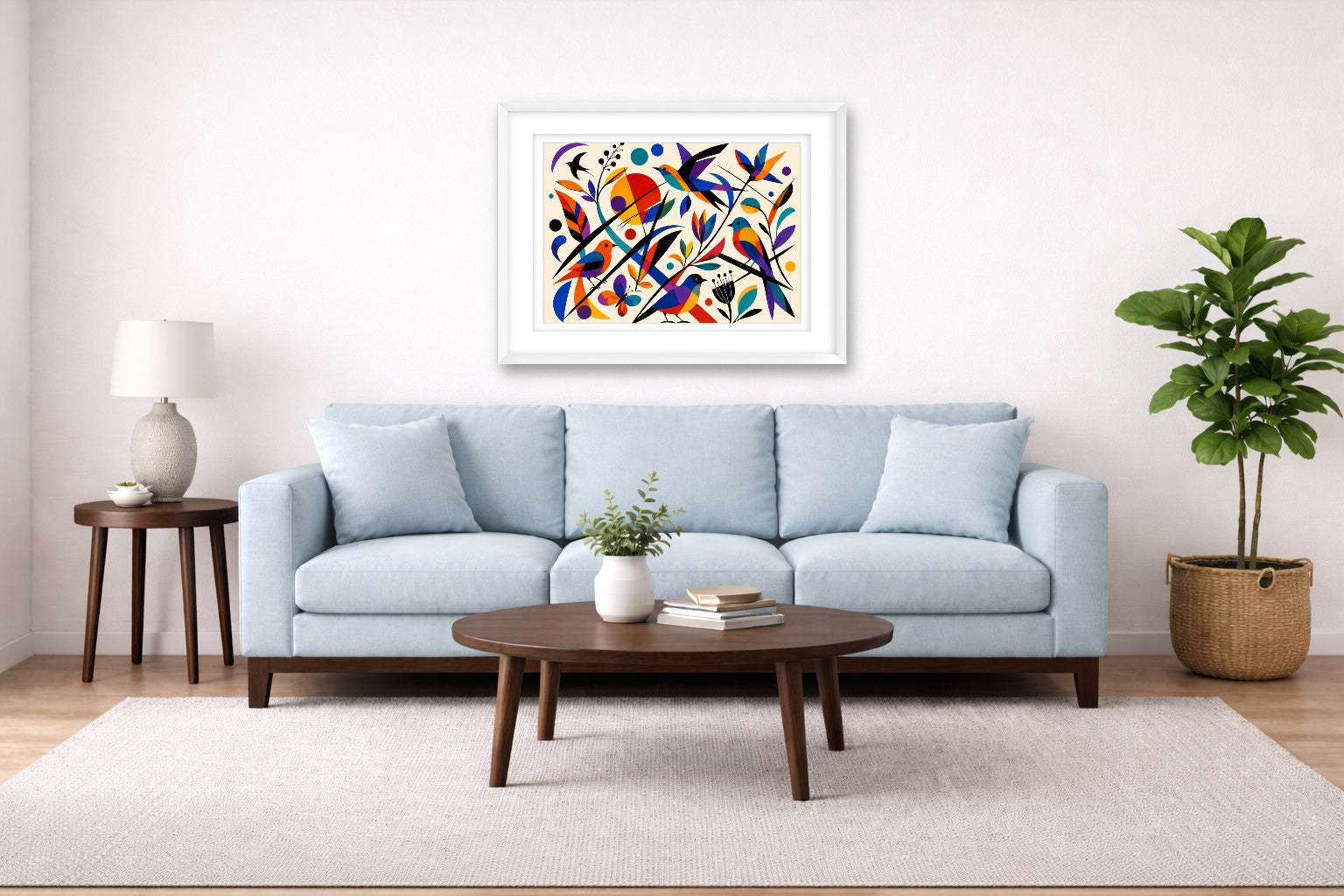 Geometric Bird Painting printed on fine art paper, framed on a white frame and matted. Hung on a living room wall.