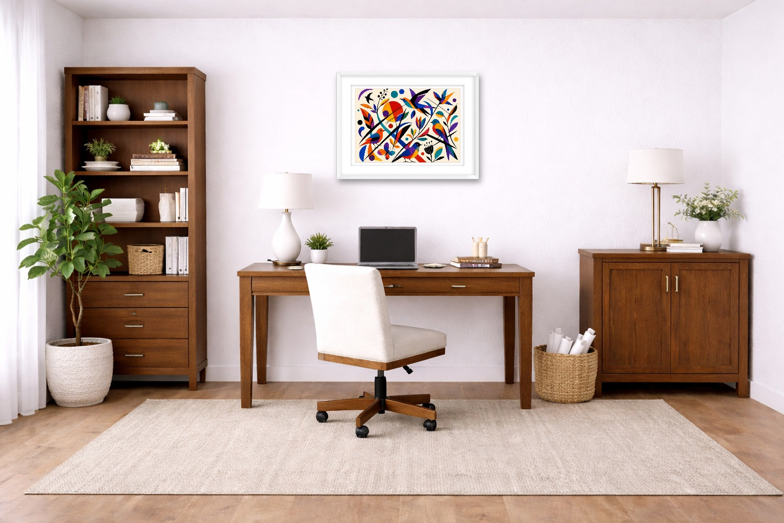 Geometric Bird Painting printed on fine art paper, framed on a white frame and matted. Hung on a home office wall.
