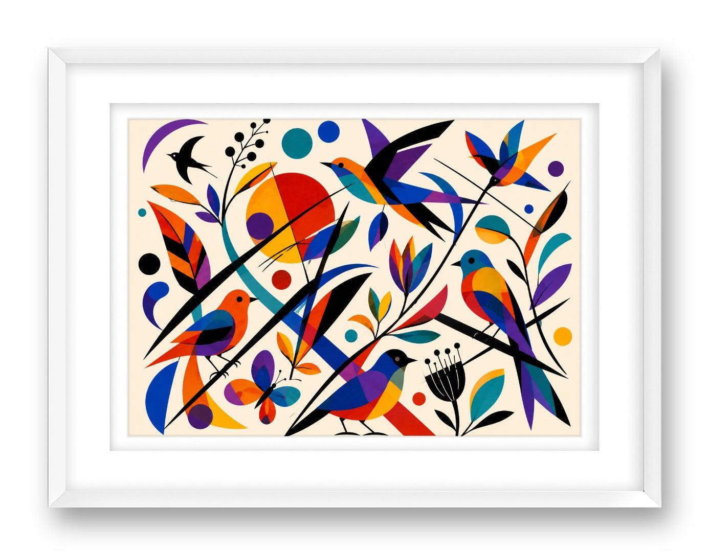 Geometric Bird Painting printed on fine art paper, framed on a white frame and matted.