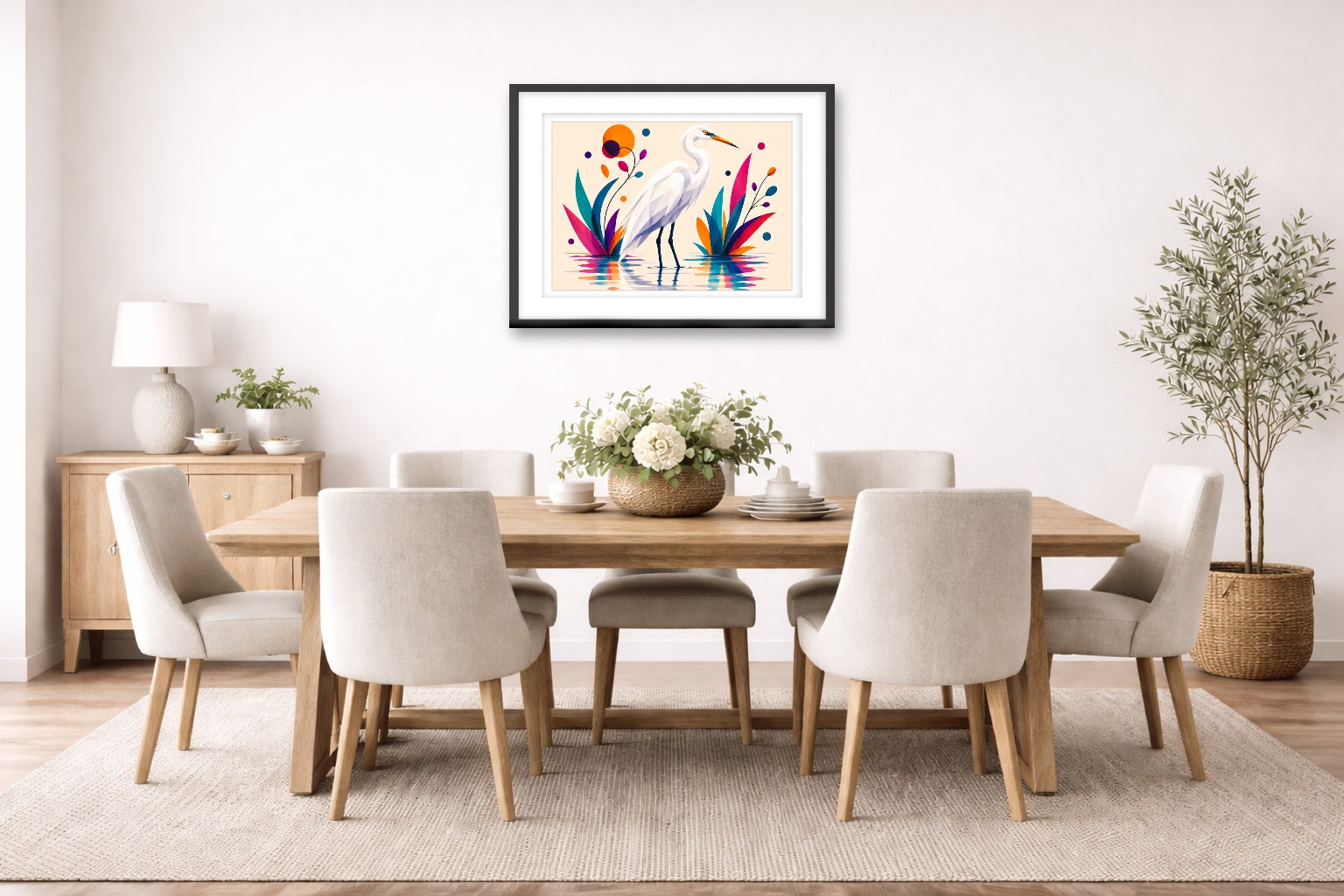 White Egret - Geometric Painting printed on fine art paper, framed on a black frame and matted and hung on a dining room wall.