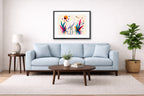 White Egret - Geometric Painting printed on fine art paper, framed on a black frame and matted and hung on a Living Room wall above a couch