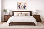 White Egret - Geometric Painting printed on canvas wall art displayed on a wall above a bed.