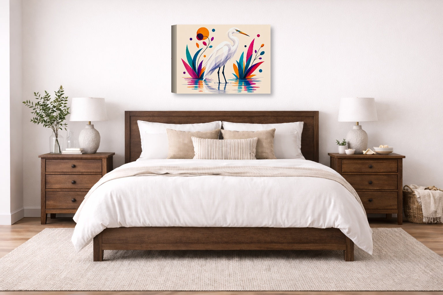 White Egret - Geometric Painting printed on canvas wall art displayed on a wall above a bed.