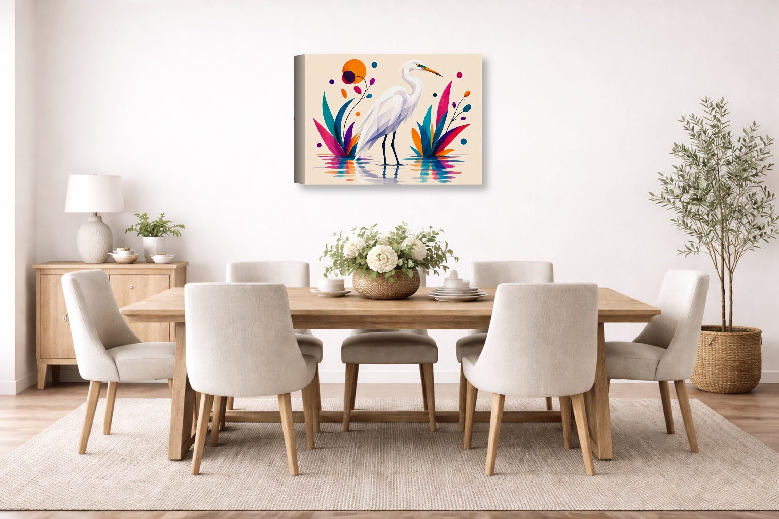 White Egret printed on canvas wall art displayed on a wall in the dinning room
