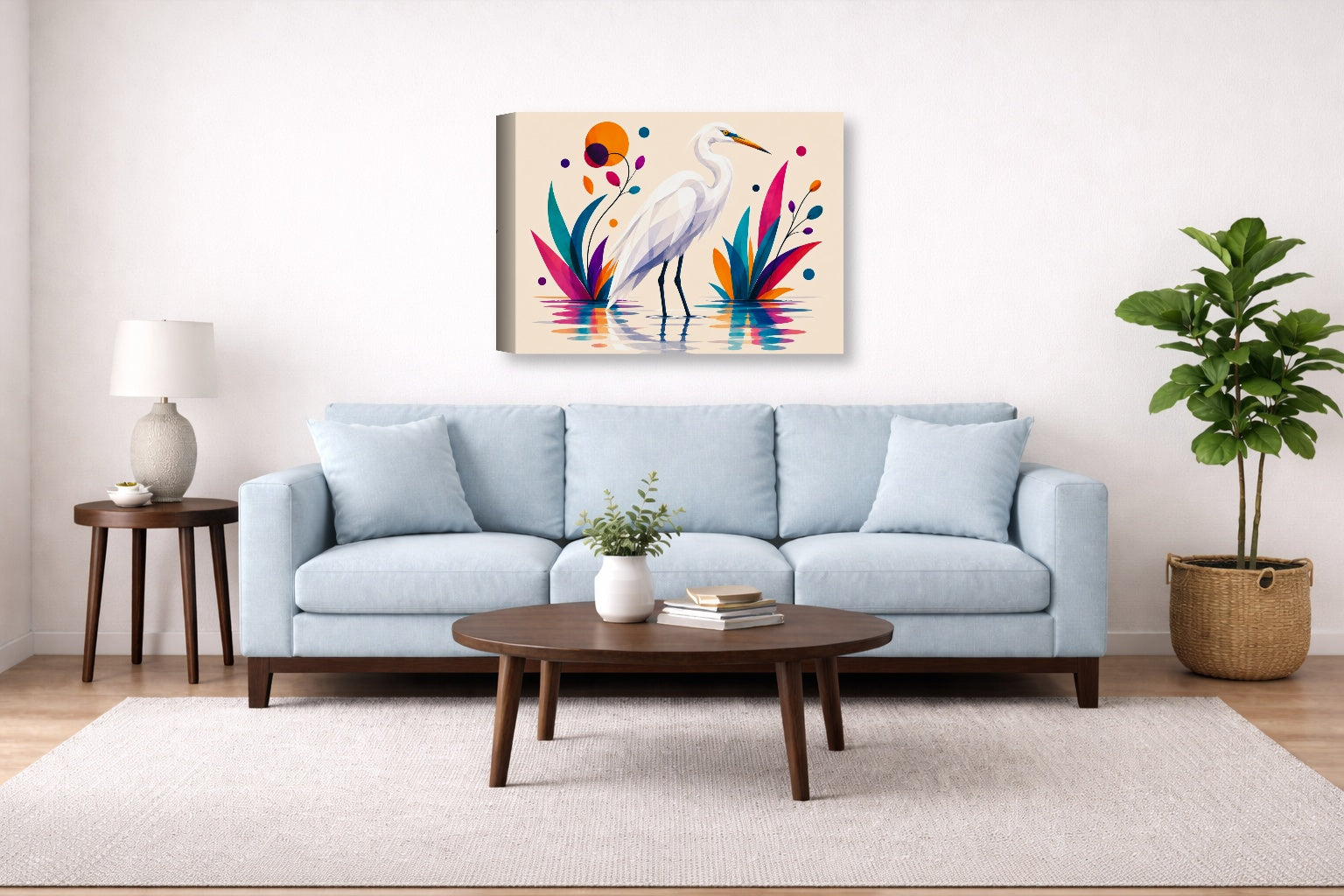 White Egret printed on canvas wall art displayed above a couch in a living room