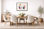 White Egret - Geometric Painting printed on fine art paper, framed on a espresso frame and matted. Hung on a dinning room wall