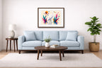 White Egret - Geometric Painting printed on fine art paper, framed on a espresso frame and matted. Hung on a living room wall