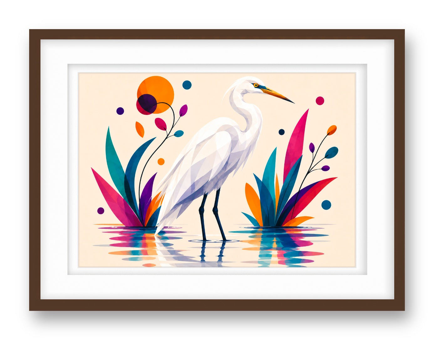 White Egret printed on fine art paper, framed on a espresso frame and matted.