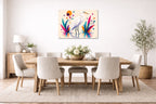 White Egret - Geometric Painting printed on aluminum metal with wall anchors. Hung on a dining room wall.