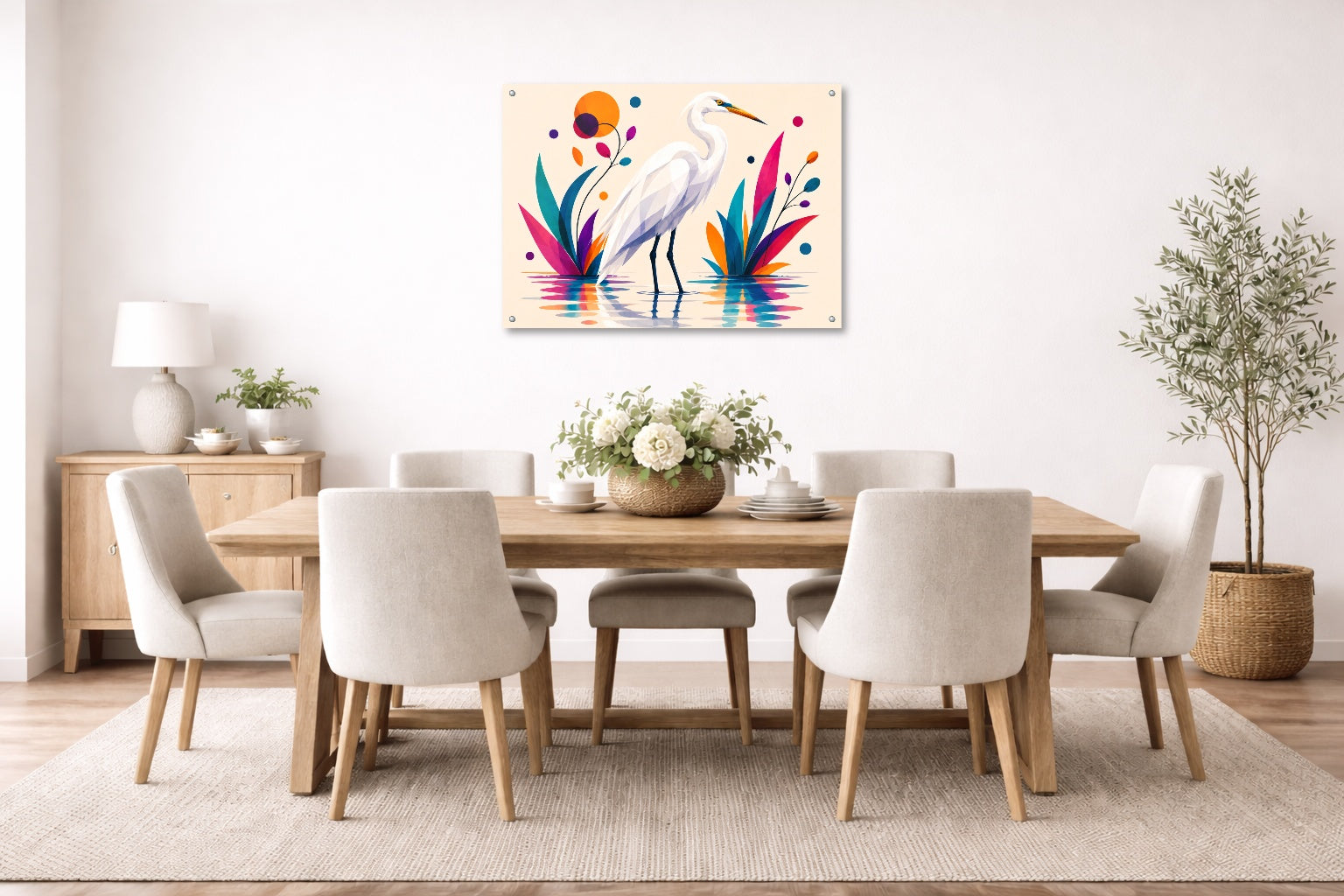 White Egret - Geometric Painting printed on aluminum metal with wall anchors. Hung on a dining room wall.