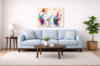 White Egret - Geometric Painting printed on aluminum metal with wall anchors. Hung on a living room wall.