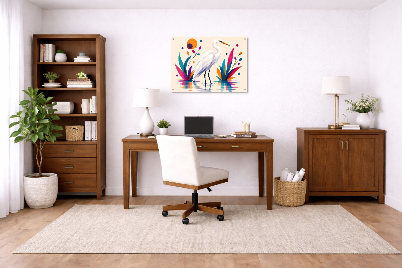 White Egret - Geometric Painting printed on aluminum metal with wall anchors. Hung on a office wall.