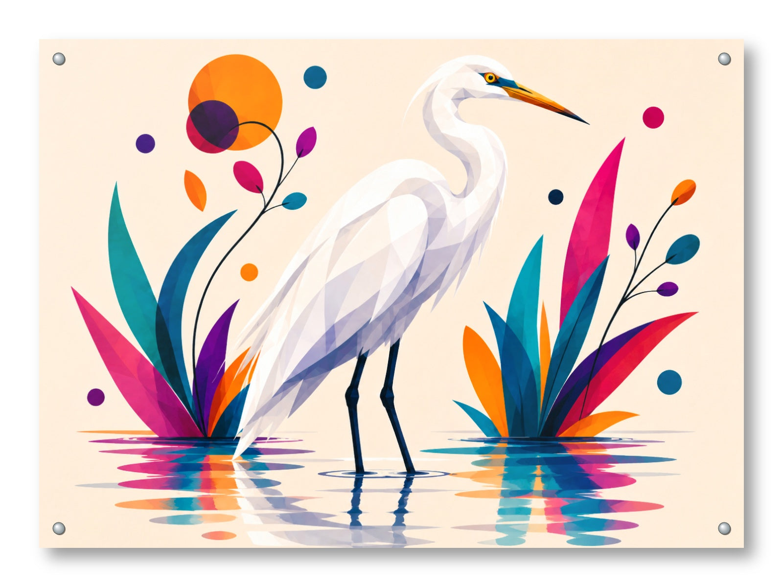 White Egret printed on aluminum metal with wall anchors.