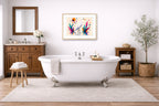 White Egret - Geometric Painting printed on fine art paper, framed on a oak frame and matted. Hung on a bathroom wall.