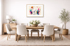 White Egret - Geometric Painting printed on fine art paper, framed on a oak frame and matted. Hung on a dining room wall.