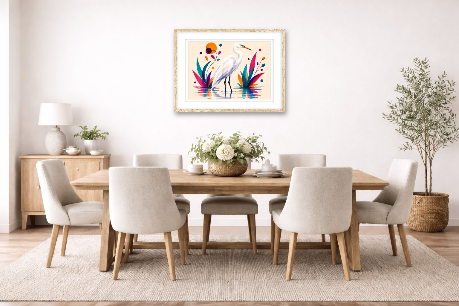 White Egret - Geometric Painting printed on fine art paper, framed on a oak frame and matted. Hung on a dining room wall.