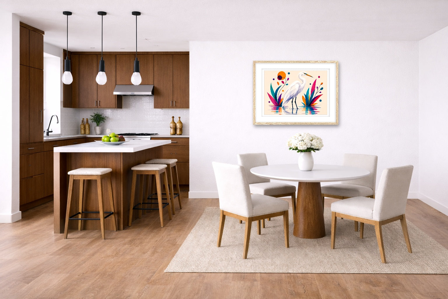 White Egret - Geometric Painting printed on fine art paper, framed on a oak frame and matted. Hung on a kitchen-dinette wall.