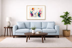 White Egret - Geometric Painting printed on fine art paper, framed on a oak frame and matted. Hung on a living room wall.