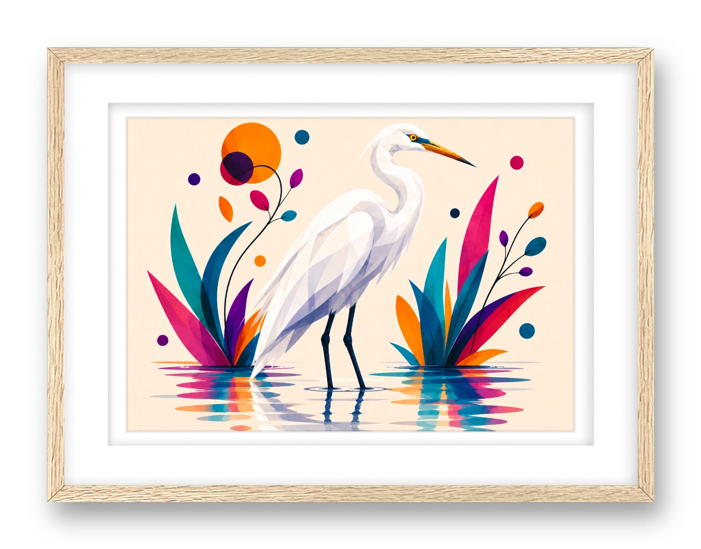 White Egret printed on fine art paper, framed on a oak frame and matted.