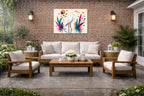 White Egret - Geometric Painting printed on water resistant canvas and mounted on a waterproof frame. Hung on a patio wall.