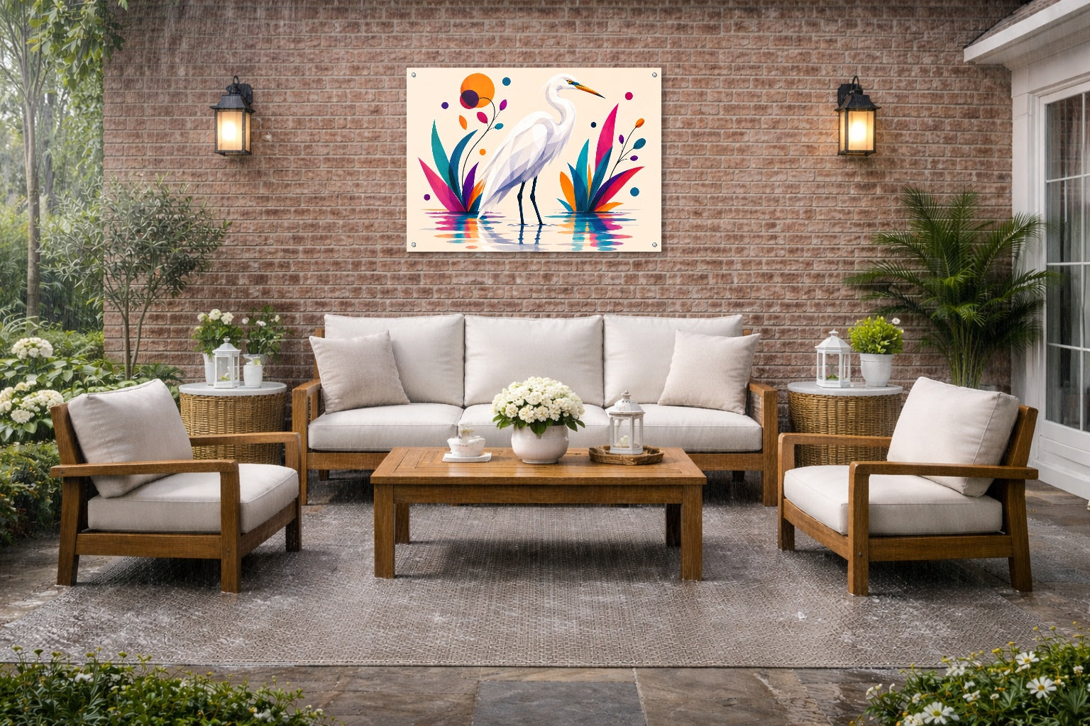 White Egret - Geometric Painting printed on water resistant canvas and mounted on a waterproof frame. Hung on a patio wall.