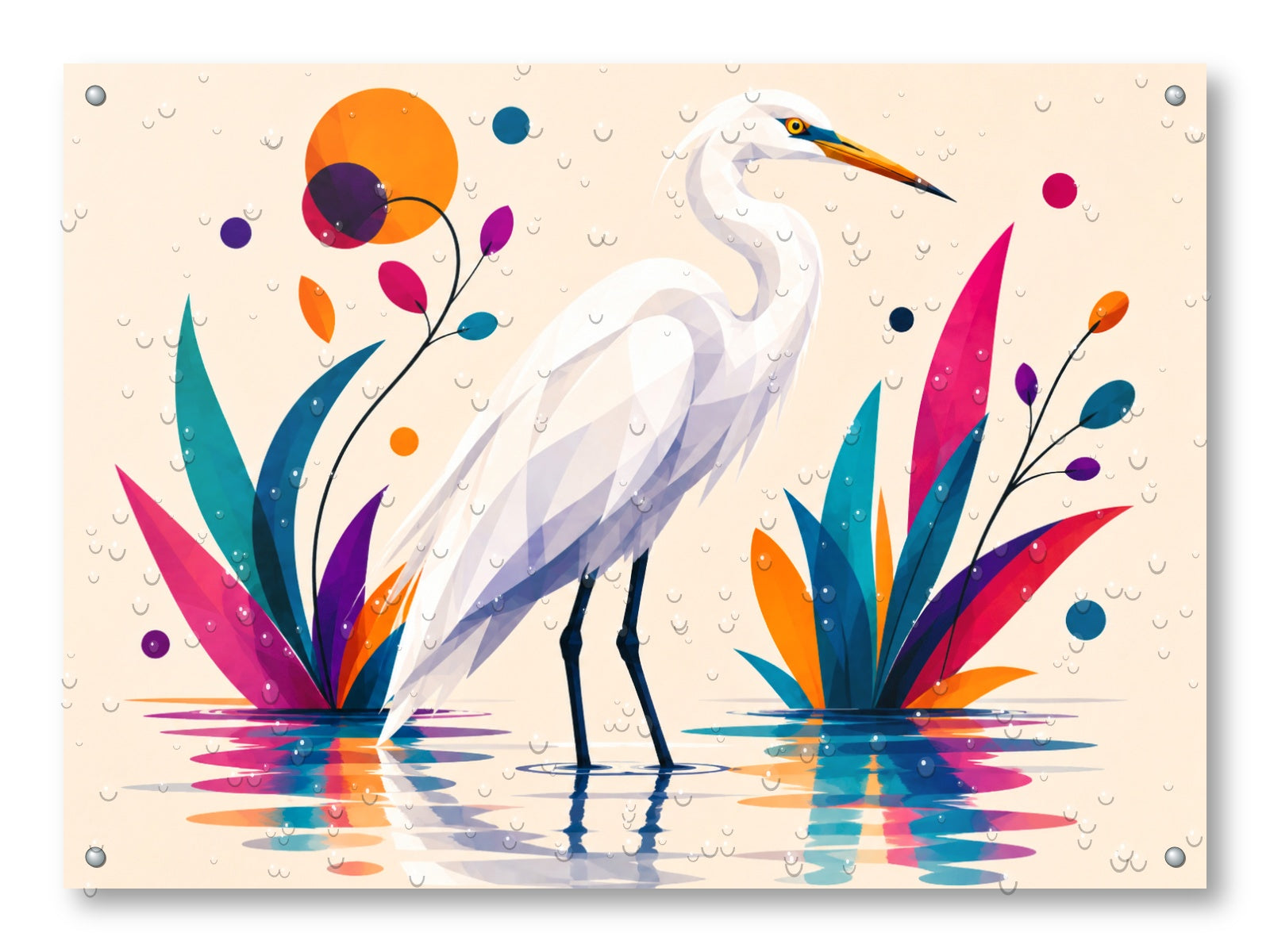 White Egret - Geometric Painting printed on water resistant canvas and mounted on a waterproof frame.