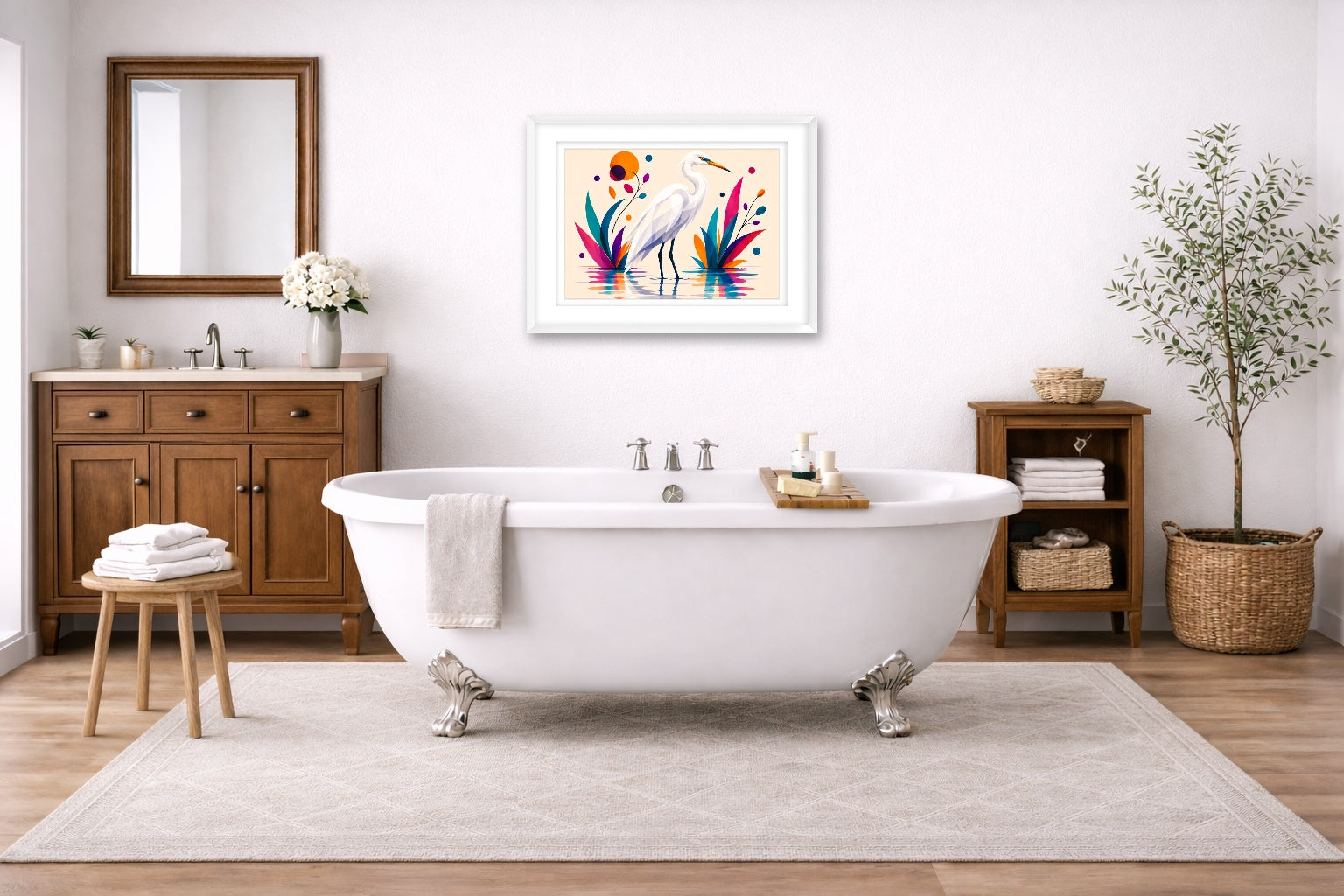 White Egret - Geometric Painting printed on fine art paper, framed on a white frame and matted. Hung on a bathroom wall