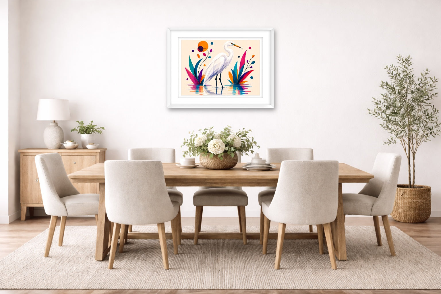 White Egret - Geometric Painting printed on fine art paper, framed on a white frame and matted. Hung on a dining room wall.