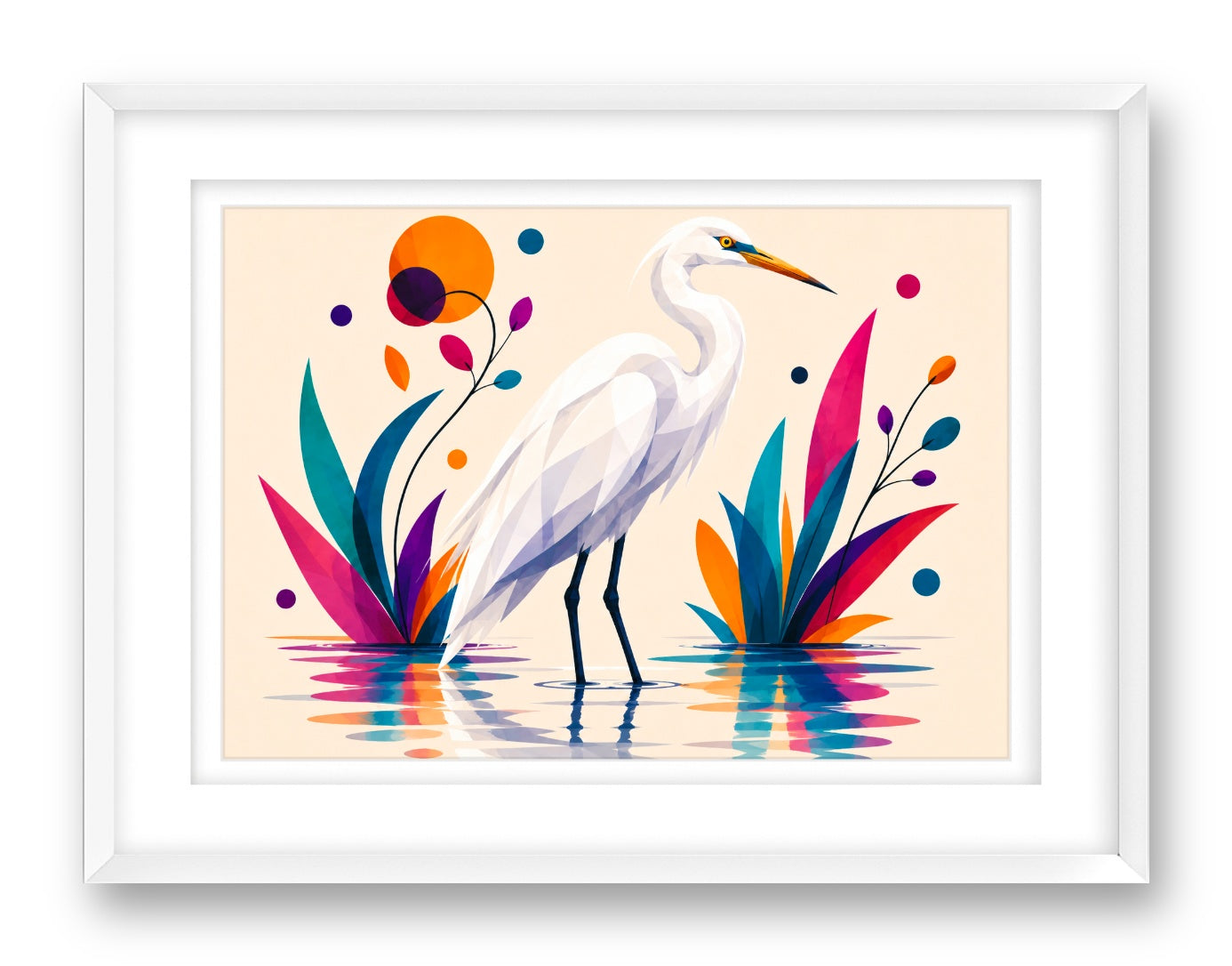White Egret printed on fine art paper, framed on a white frame and matted.
