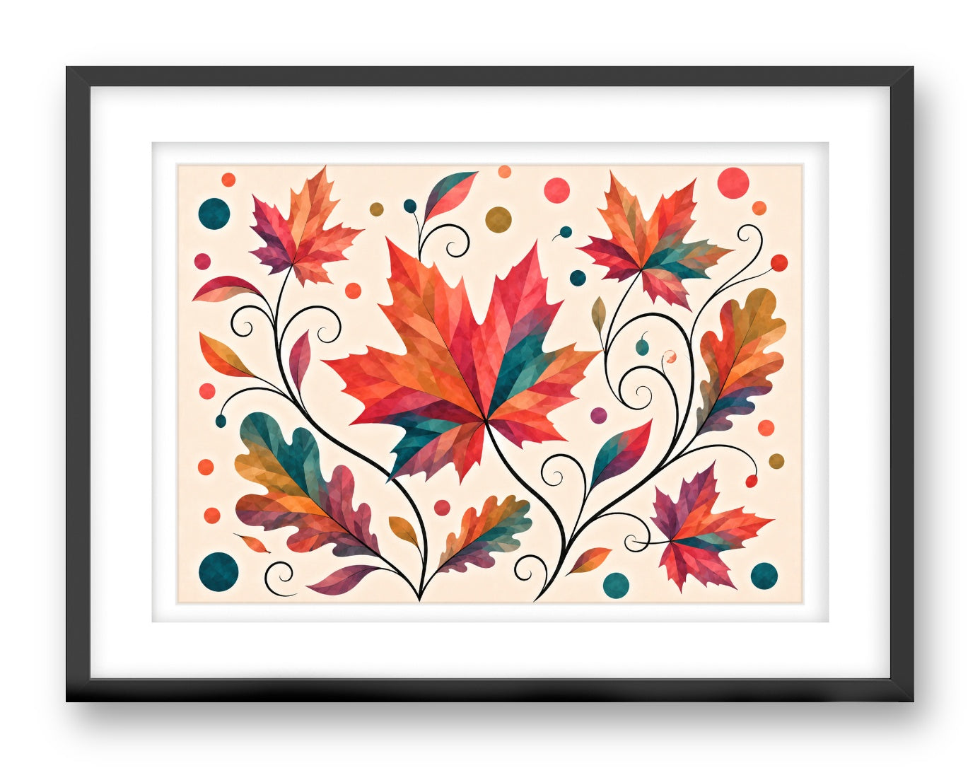 Autumn Leaves - Geometric Painting printed on fine art paper, framed on a black frame and matted.