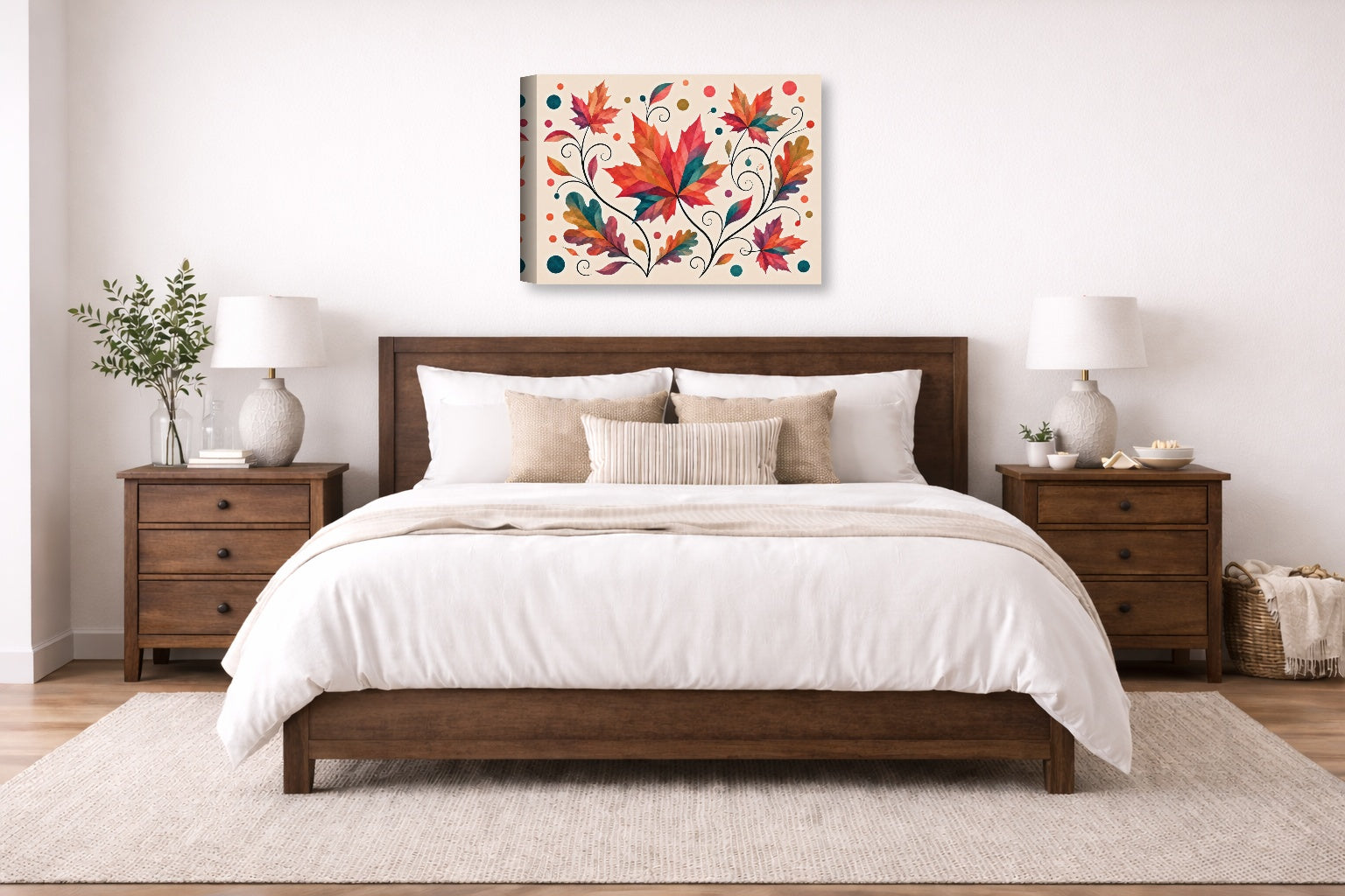 Autumn Leaves - Geometric Painting printed on canvas wall art displayed on a wall above a bed.
