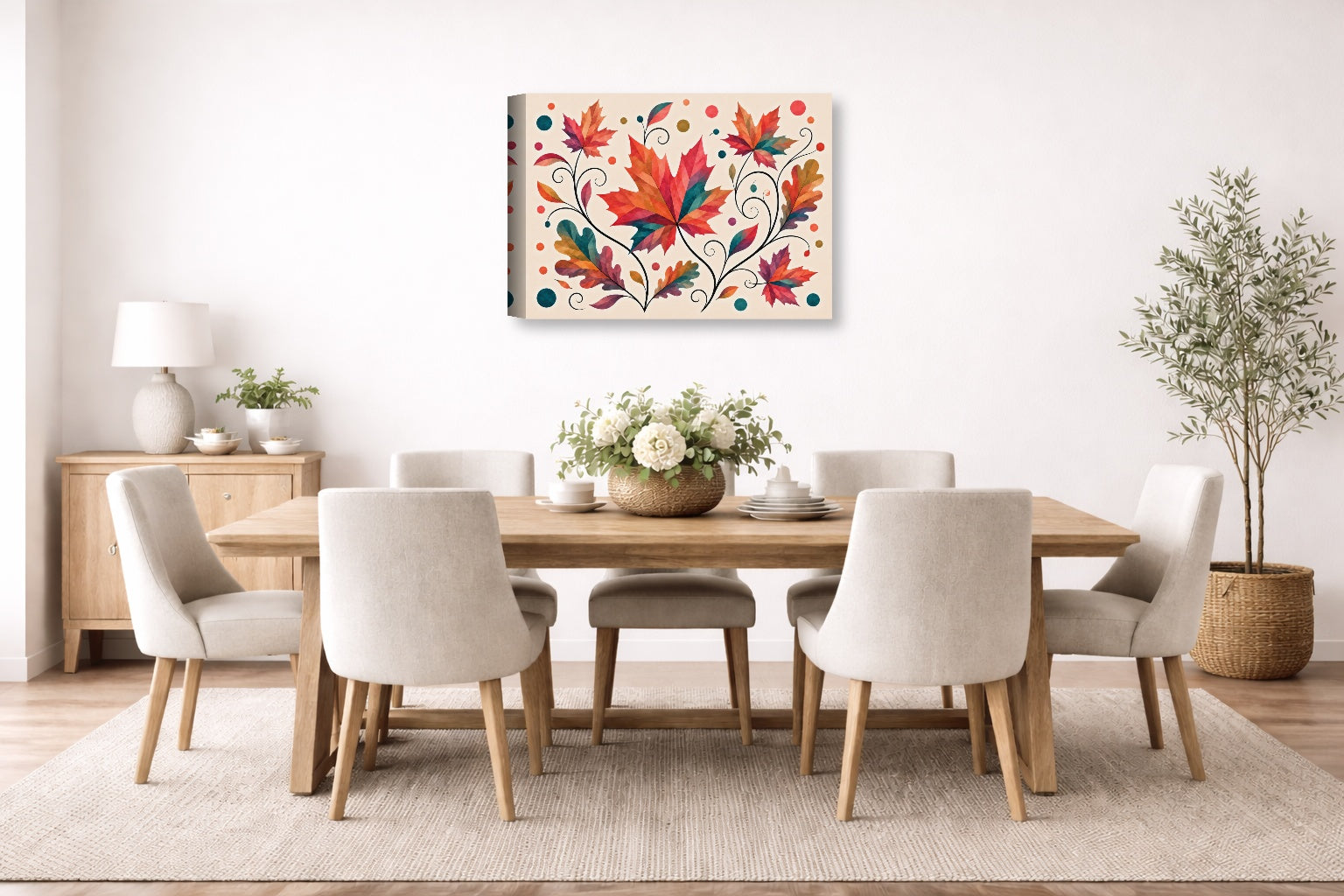 Autumn Leaves - Geometric Painting printed on canvas wall art displayed on a wall in the dinning room