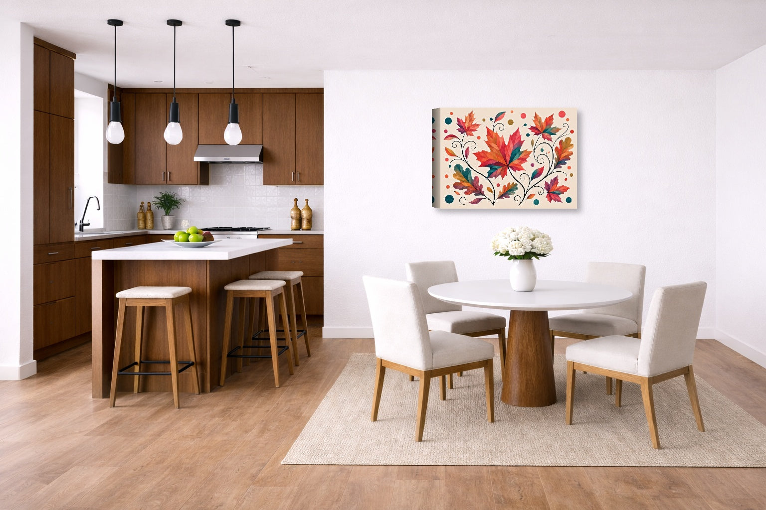 Autumn Leaves - Geometric Painting printed on canvas wall art displayed on a wall in a dinette.
