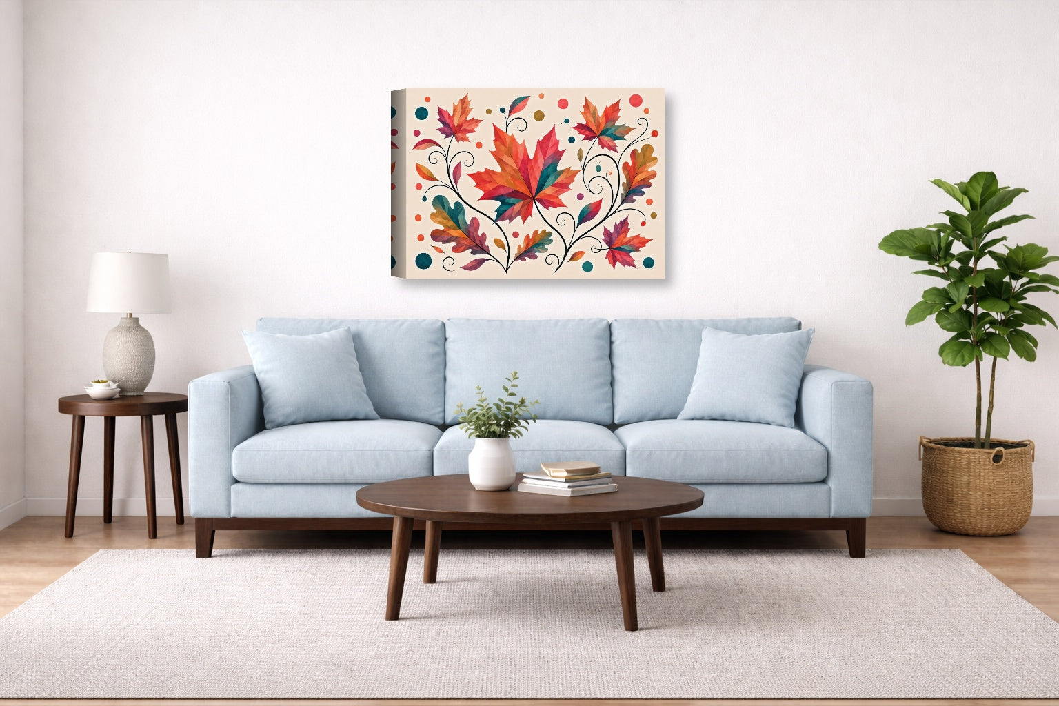 Autumn Leaves - Geometric Painting printed on canvas wall art displayed above a couch in a living room