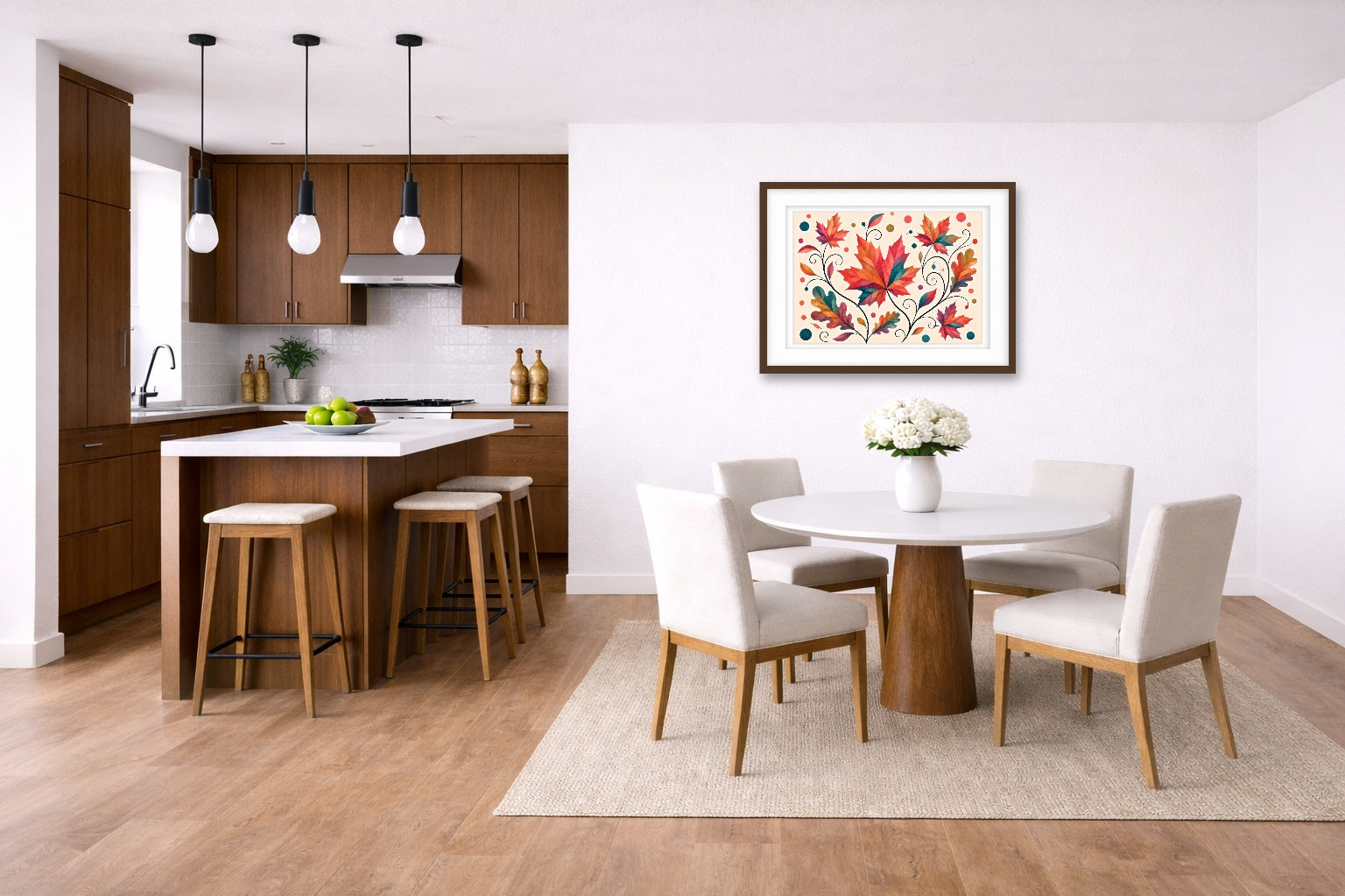 Autumn Leaves - Geometric Painting printed on fine art paper, framed on a espresso frame and matted. Hung on a living kitchen-dinette wall.