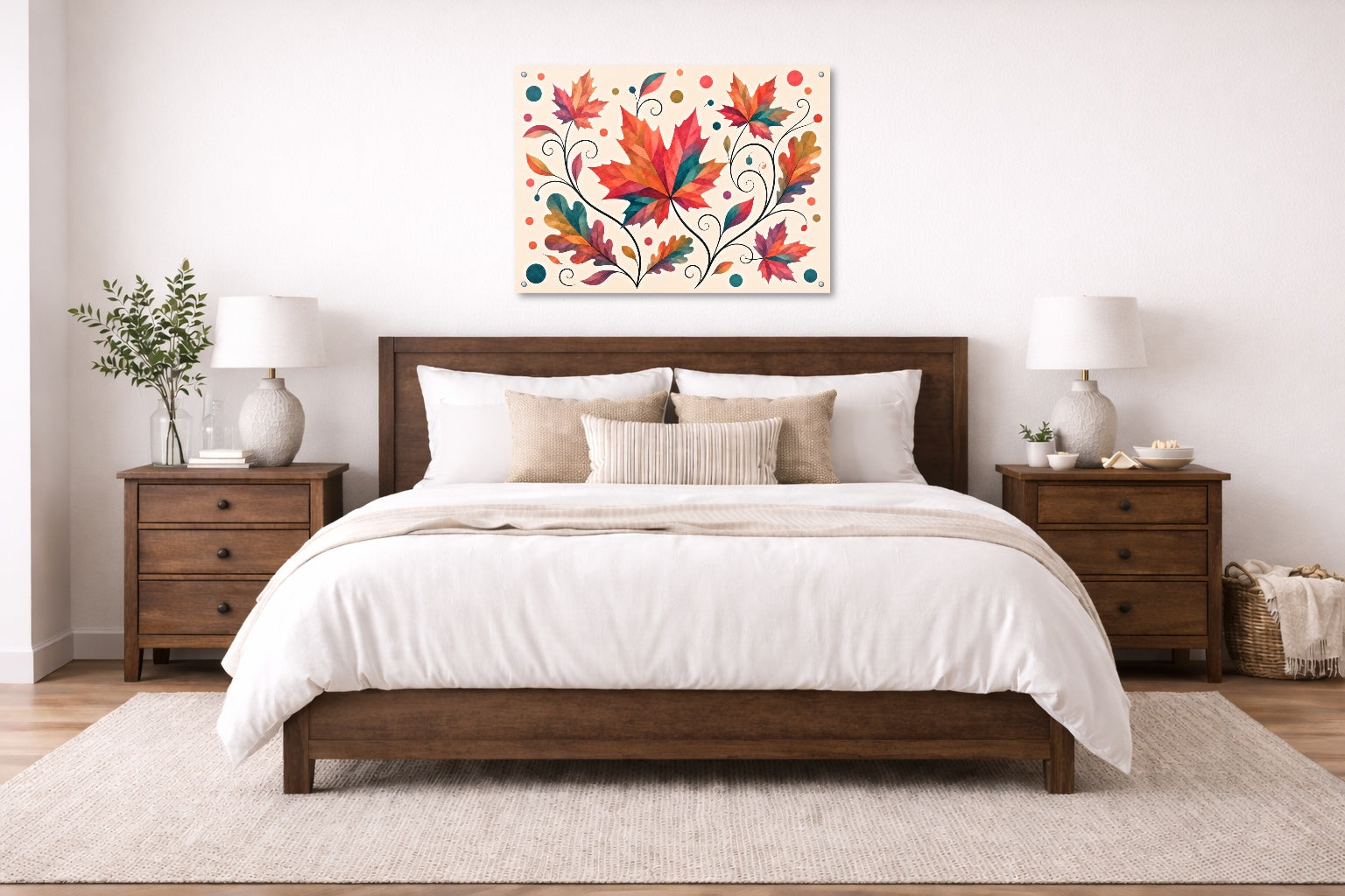Autumn Leaves - Geometric Painting printed on aluminum metal with wall anchors. Hung on a bedroom wall.