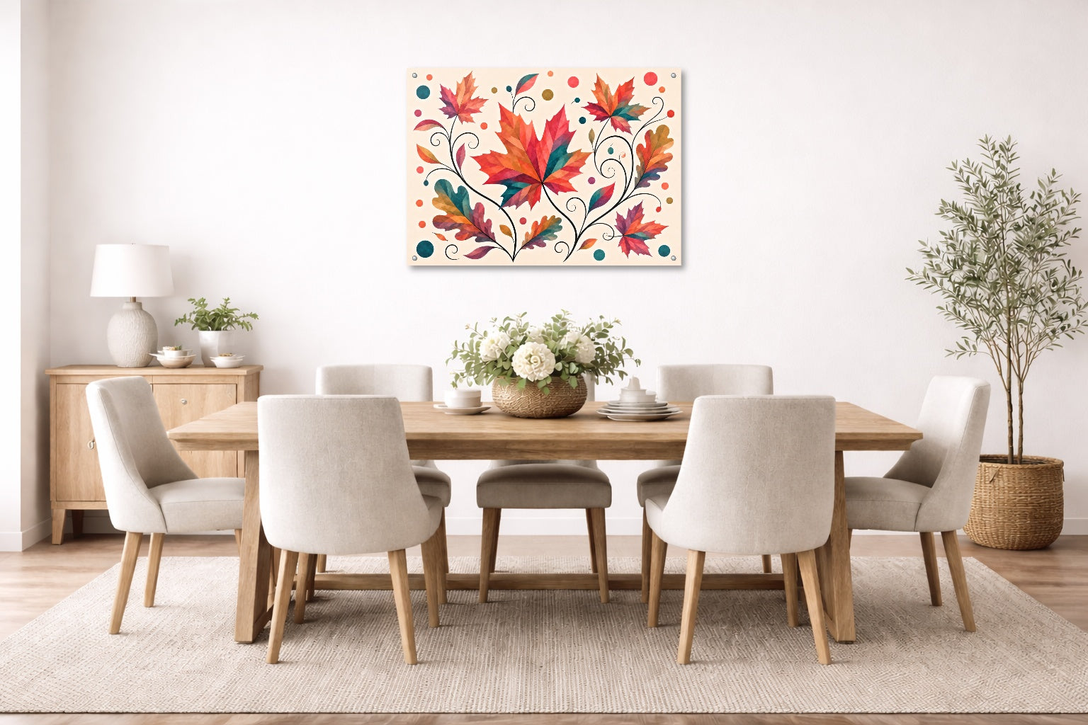 Autumn Leaves - Geometric Painting printed on aluminum metal with wall anchors. Hung on a dining room wall.