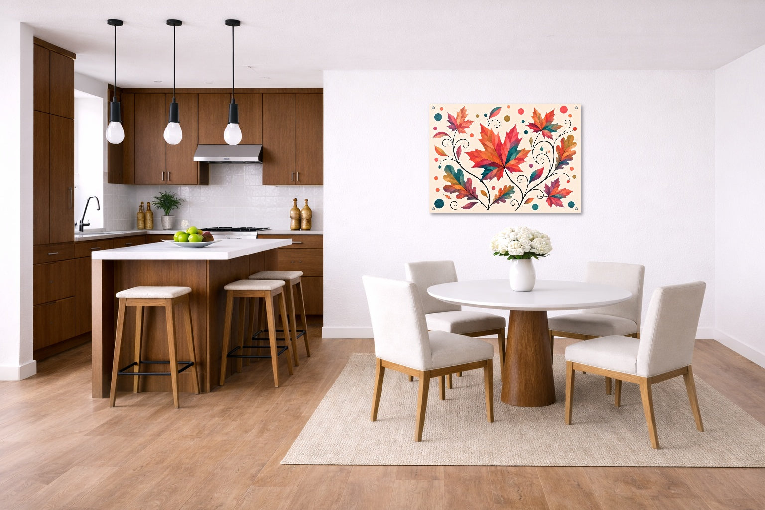 Autumn Leaves - Geometric Painting printed on aluminum metal with wall anchors. Hung on a kitchen-dinette wall.