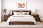 Autumn Leaves - Geometric Painting printed on fine art paper, framed in a oak frame and matted. Hung on a bedroom wall.