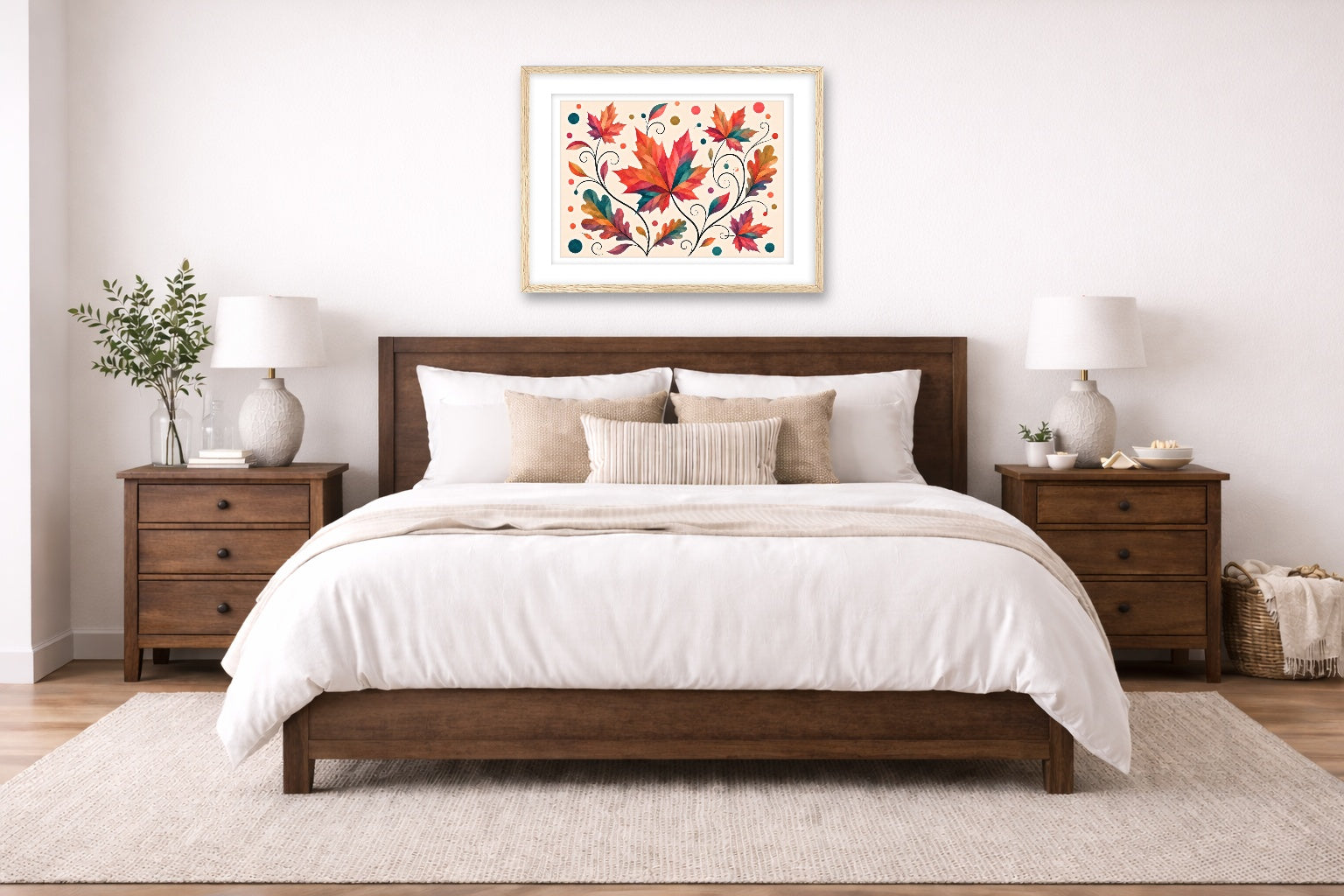 Autumn Leaves - Geometric Painting printed on fine art paper, framed in a oak frame and matted. Hung on a bedroom wall.